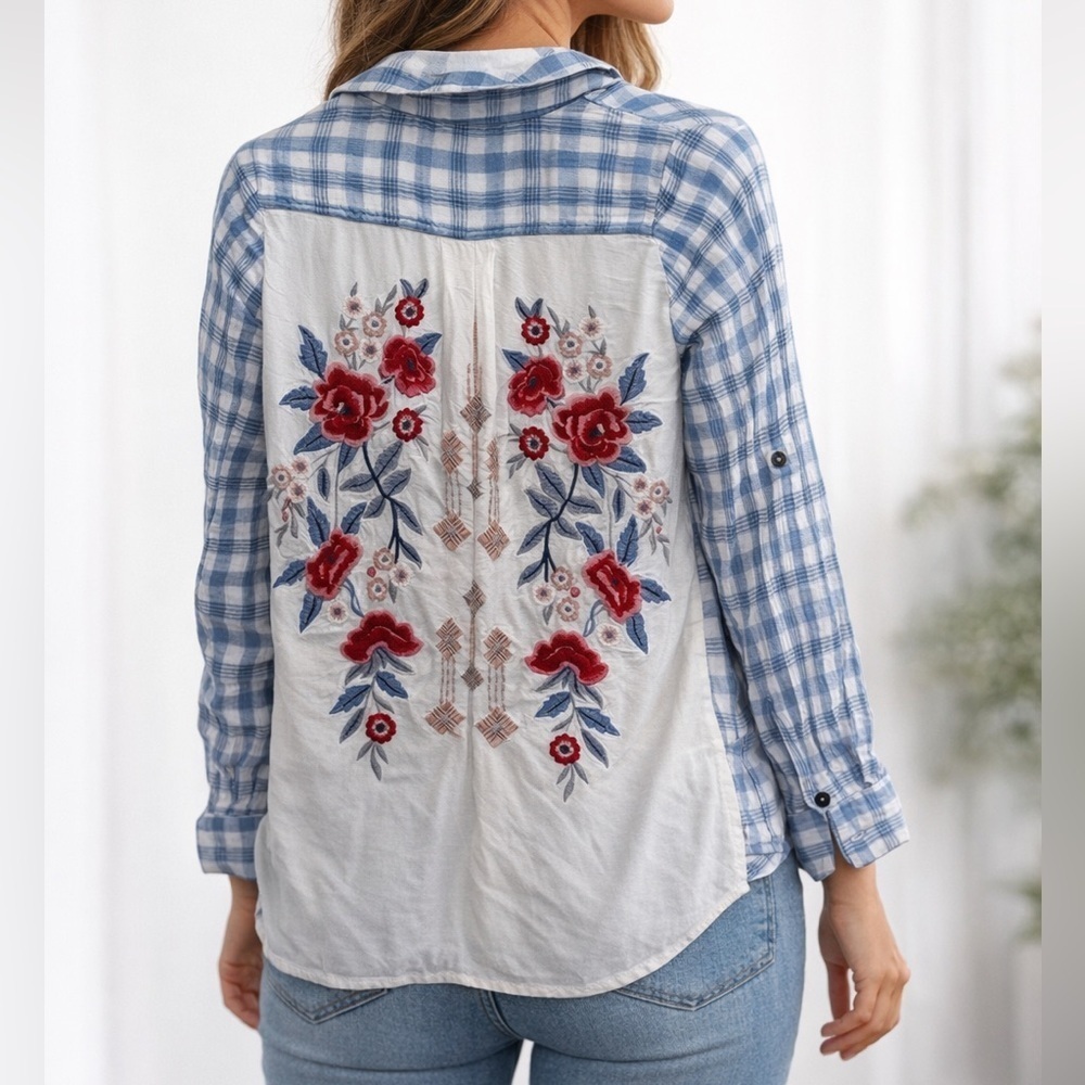 Kyla Seo Embroidered Plaid Floral Button Up Shirt Size XS
